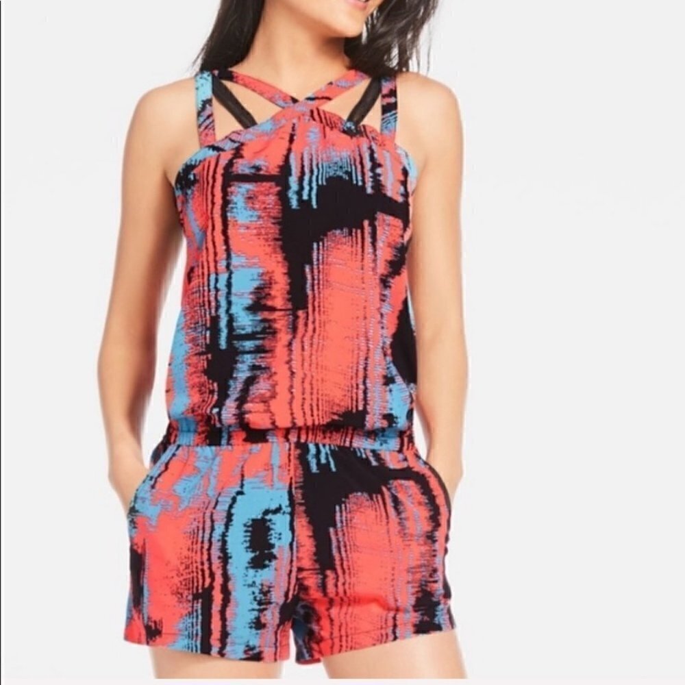 Fabletics Womens Liza Romper Stretch Waist Strappy Sleeve Watercolor Small